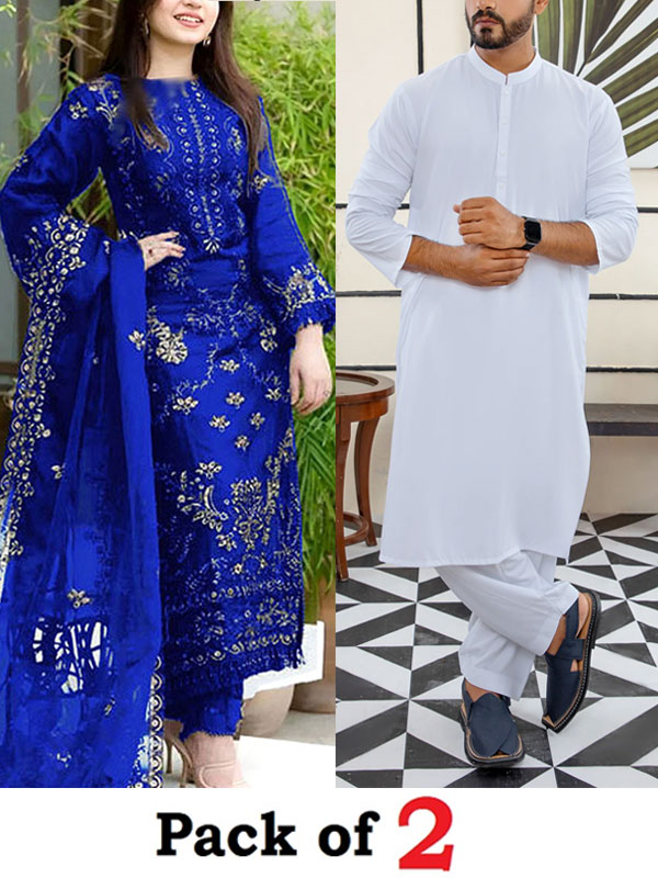 Deal PACK OF 2 - Luxury Women's Cotton 3 Pec Suite & Men's Wash N Wear Kameez Shalwar (Unstitched) (Deal-115)