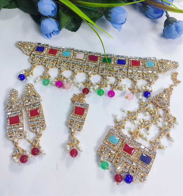 Multicolor Chokar With Earring and Jhumer Matha Patti (ZV:2825)