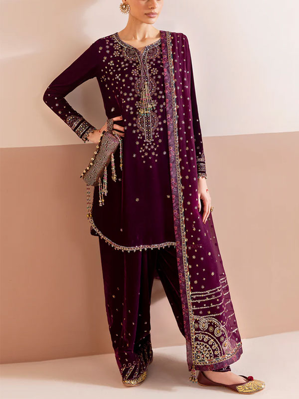  Velvet Heavy Embroidered Dress With Chiffon Embroidered Dupatta (Unstitched) (CHI-1050)