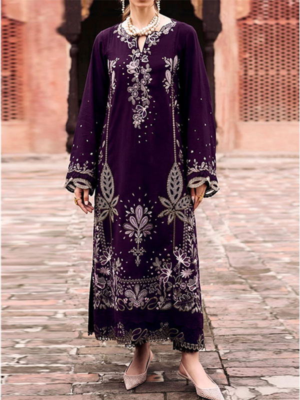2 PCs Heavy Embroidered Lawn Dress With Plain Trouser (Unstitched) (DRL-2470)
