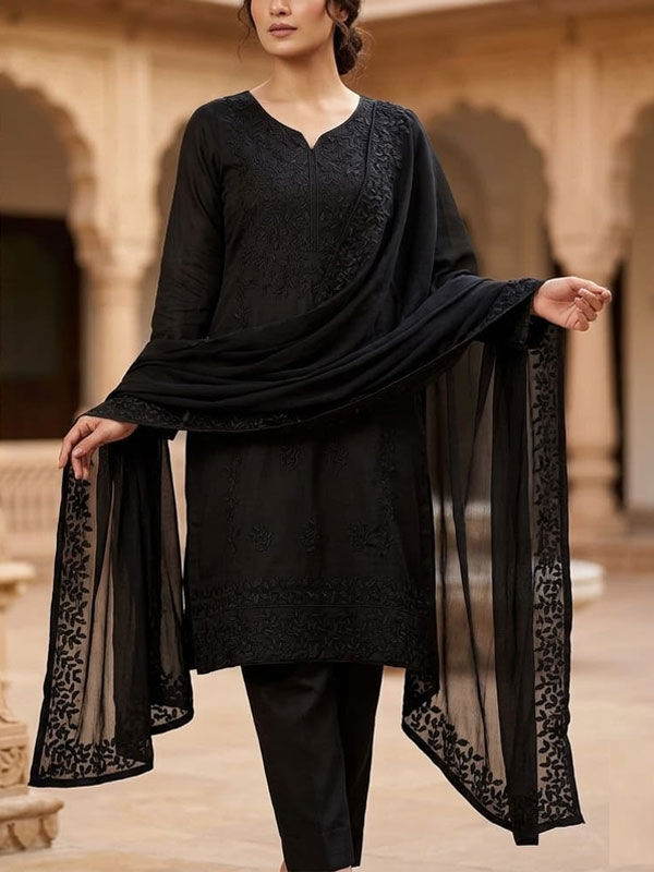3 PCs Cotton Heavy Embroidered Black Dress WIth Chiffon Embroidered Dupatta (Unstitched) (DRL-2468)