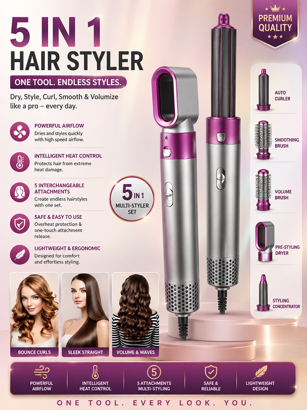 5-In-1 Multifunctional Hot Air Styler | Hair Dryer, Hair Straightener, Hair Curler, Hair Styling Brush