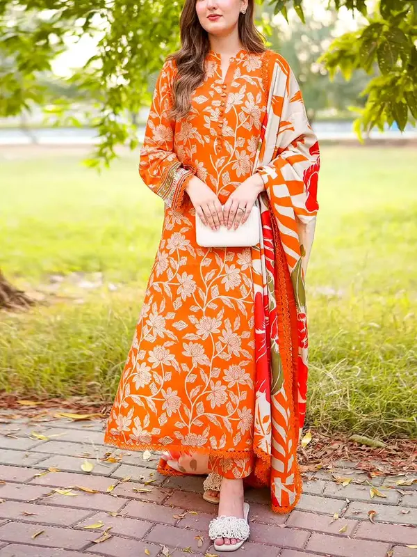 All-Over Floral Print Embroidered Orange Lawn Dress Design for Girls with Emb. Chiffon Dupatta (DRL-2402)