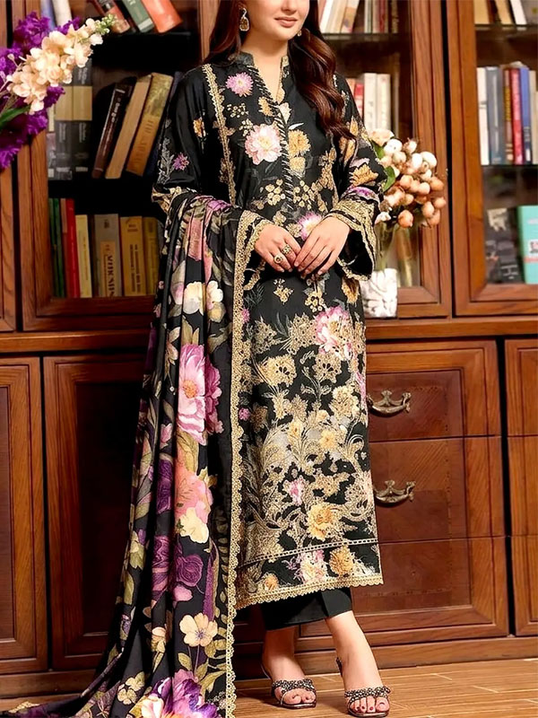 All-Over Print Schiffli Embroidered Black Lawn Suit with Emb. Chiffon Dupatta (Unstitched) (DRL-2429)