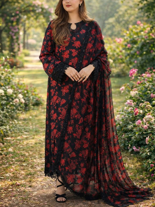 Aneela’s Digital Print Lawn Embroidered Dress with 4-Sided Embroidered Chiffon Dupatta (DRL-2386)