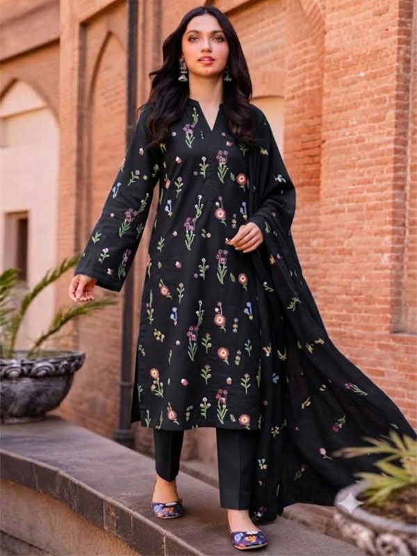 Bareeze Cotton Aneelas Black Embroidered Dress With Chiffon Embroidered Dupatta (Unstitched) (DRL-2496)