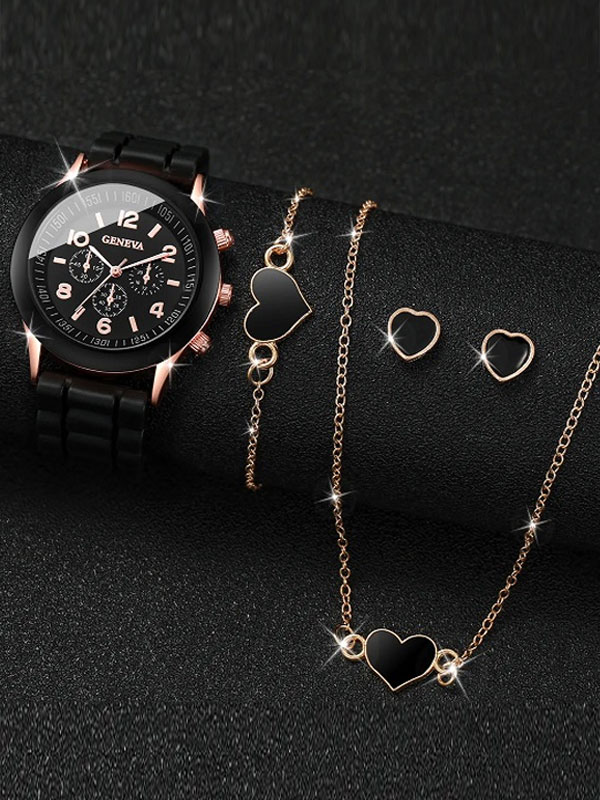 Beautiful Black Watch For Women with Heart Jewelry Combo Set (ZV:30520)