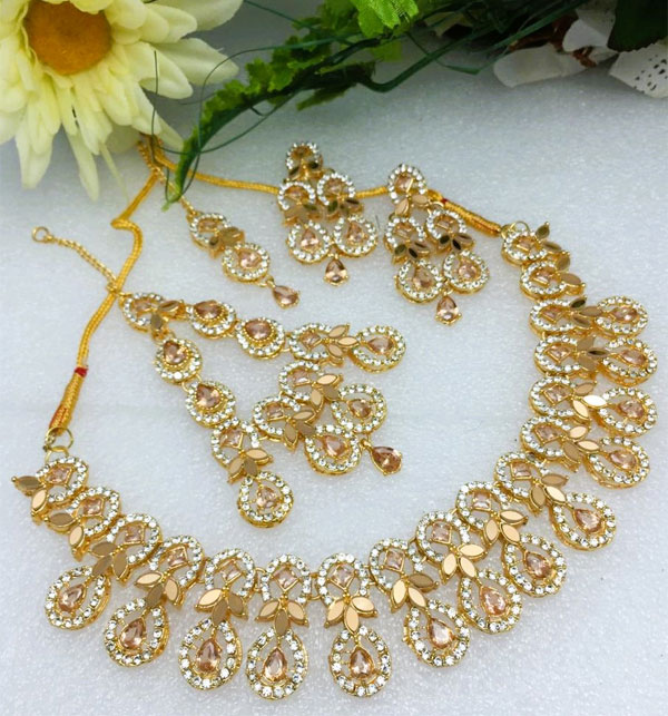 Beautiful Golden Green Zircon Wedding Necklace Jewelry Set with Earrings, Bindia and Jhumar (ZV:19128)