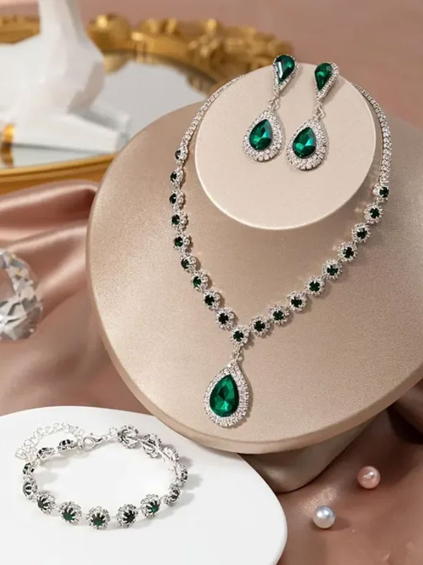 Style Green Crystal Rhinestone Necklace Jewelry Set With Earrings & Bracelet (ZV:29582)