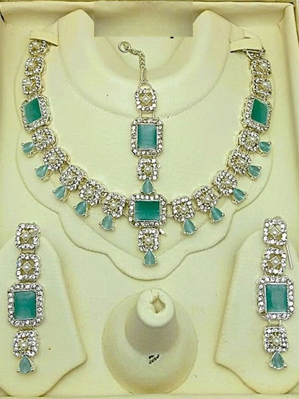 Beautiful Sea Green Zircon Necklace Set with Earrings & Tikka (ZV:30424)