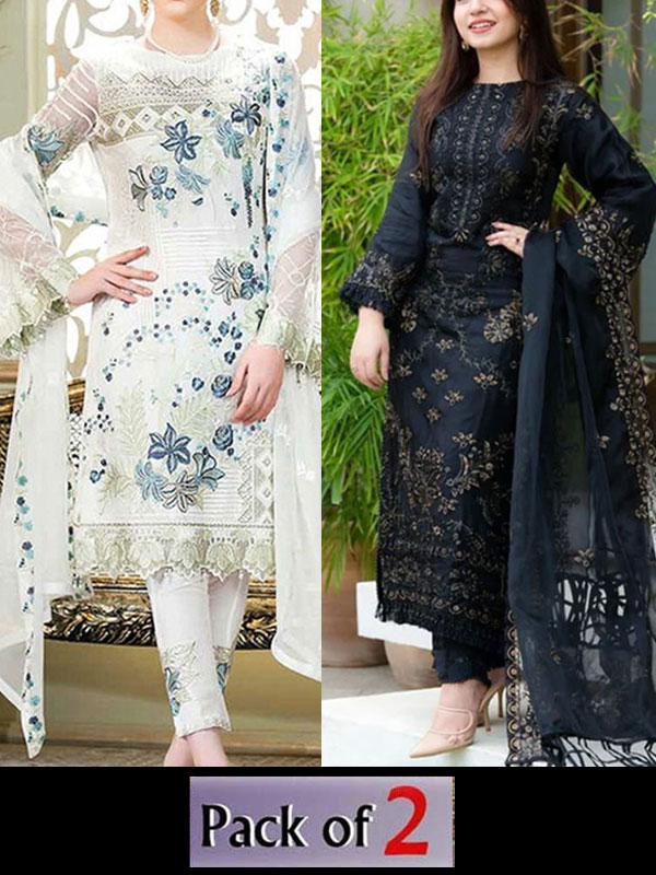 Bakra Eid DEAL Pack of 2 Luxury Cotton Lawn Embroidery Dress Chiffon Embroidery Dupatta 3 Pec Suite (DEAL-89)