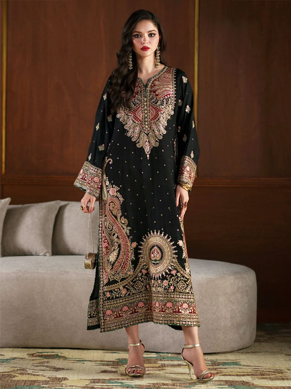 Charmeuse Silk Ethnic Black Kaftan Heavy Embroidered & Velvet Applique Work With 4 Sided Embroidered Silk Dupatta (Unstitched) (CHI-1122)