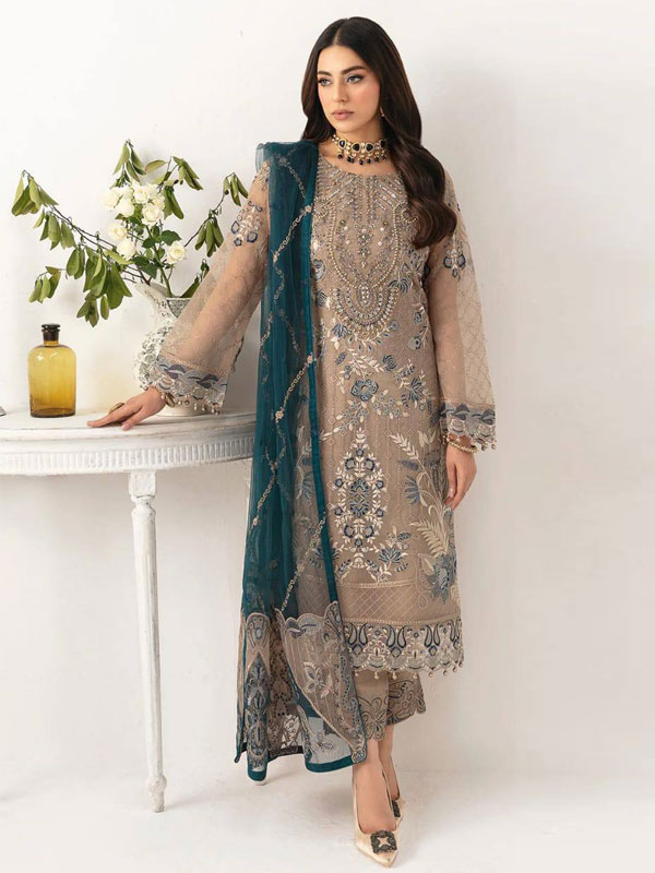 Chiffon Heavy Embroidered Wedding Dress with Emb. NET Dupatta (Unstitched) (CHI-1157)