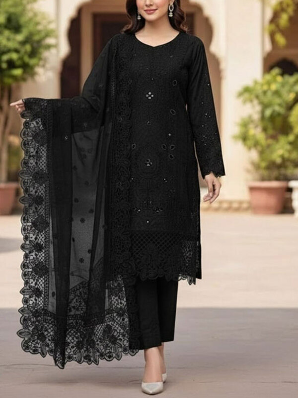 Cotton Heavy Embroidered Chicken Karri Dress With 4-Sided Embroidered Chiffon Dupatta (Unstitched) (DRL-2365) 