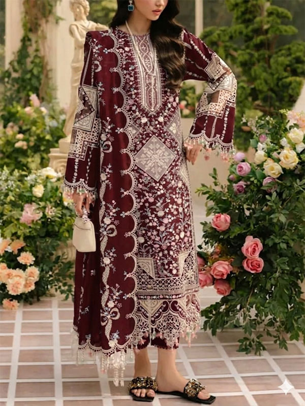 Bin Ilyas Cotton Lawn Heavy Embroidered Dress With Chiffon Embroidered Dupatta (Unstitched) (DRL-2457)