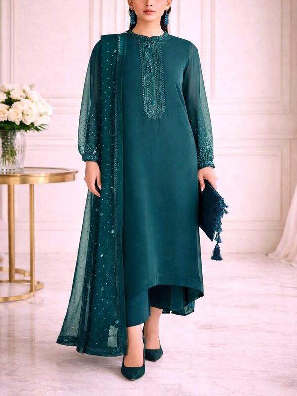Decent Luxurious Chiffon Heavy Embroidered Party Wear Dress with 4-Sided Embroidered Chiffon Dupatta (Unstitched) (CHI-1095)