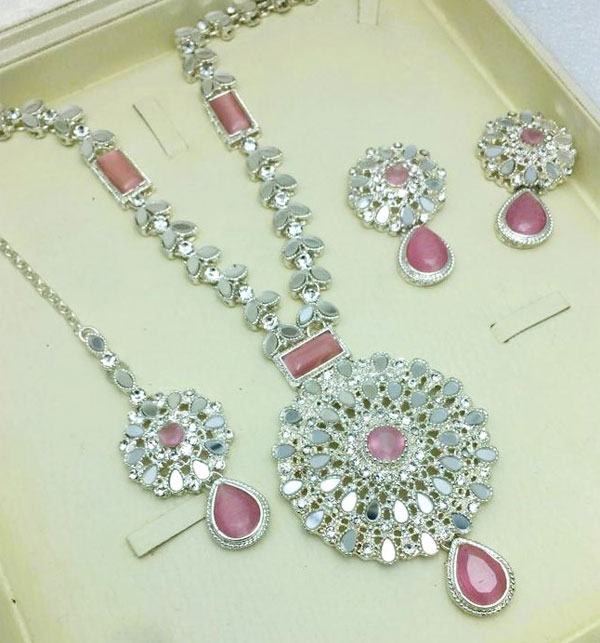 Egyptian Silver Pink Kundan Stone Necklace Mala Jewelry Set With Earring (ZV:18790)