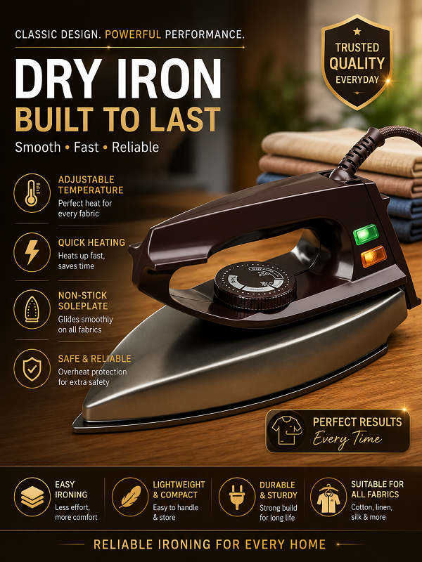 Electric Dry Iron Non-Stick - Light Weight & Energy Saving