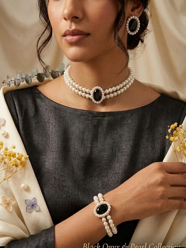 Elegant Black Pearl Choker Jewelry Set with Earrings