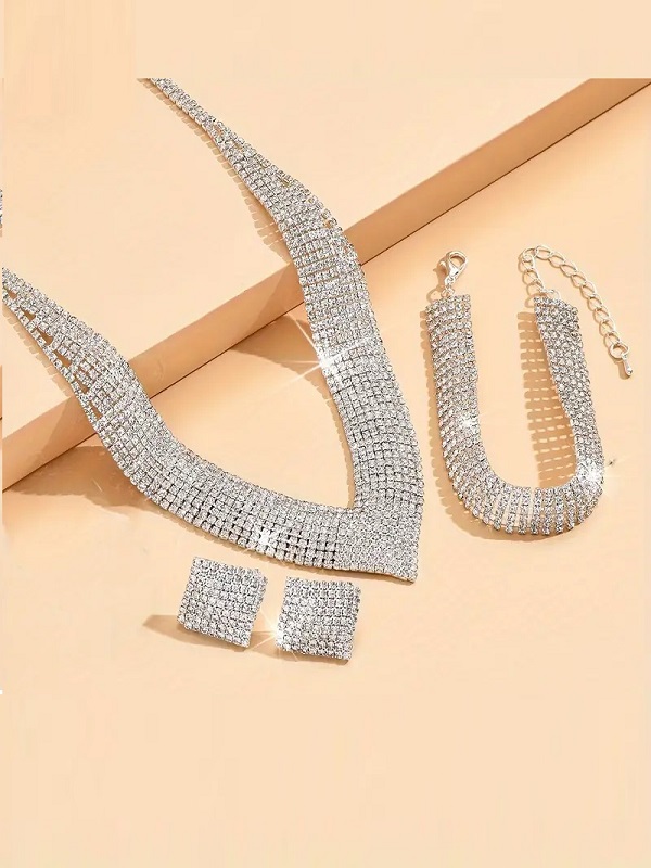 Elegant Bridal Crystal Necklace Jewelry Set With Earrings, Bracelet & Ring (ZV:30136)