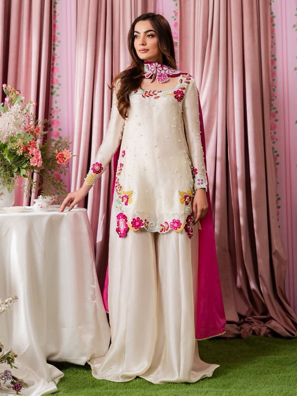 Elegant Embroidered Shamoze Silk Dress With Chiffon Embroidered Dupatta (Unstitched) (CHI-1133)
