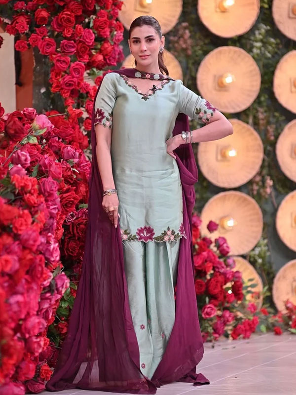 Elegant Fancy Mint Green Embroidered Silk Party Dress With Plain Chiffon Dupatta (CHI-1132)