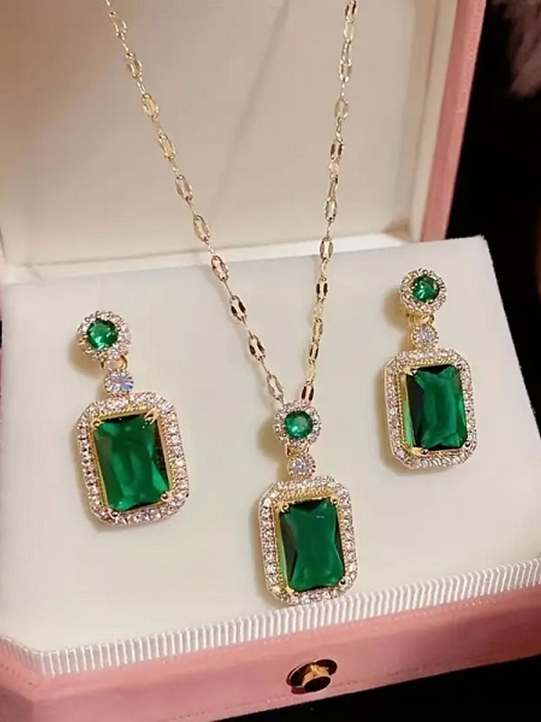 Elegant Green Zircon Necklace Set With Earrings (ZV:29755)