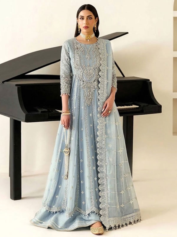 Elegant Heavy Embroidered Powder Blue Chiffon Formal Maxi Dress With 4-Side Chiffon Embroidered Dupatta (Unstitched) (CHI-1131)