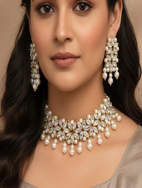 Elegant Indian Kundan Choker Necklace Set with Pearl