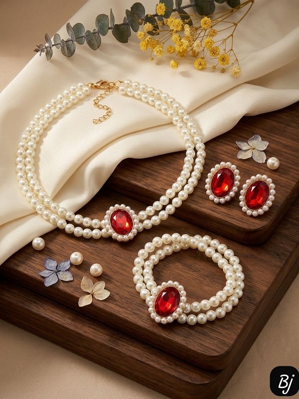 Elegant Red Pearl Choker Jewelry Set with Earrings