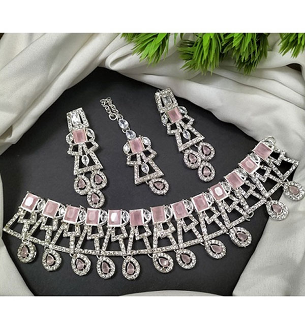 Elegant Silver Pink Zircon Party Necklace Set with Earrings and Bindia (ZV:25909)