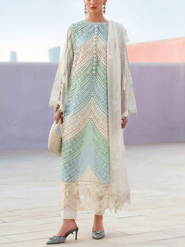 Elegent Rainbow Design Lawn Embroidered Dress With 4-Sided Chiffon Embroidered Dupatta (Unstitched) (DRL-2449)