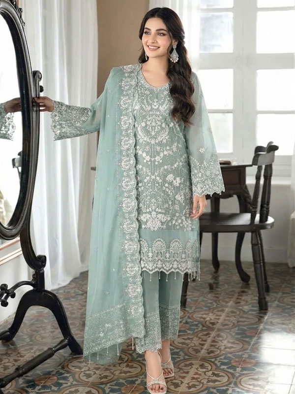 Embroidered Sage Green Organza Party Dress With Organza EMb. Dupatta (Unstitched) (CHI-1148)