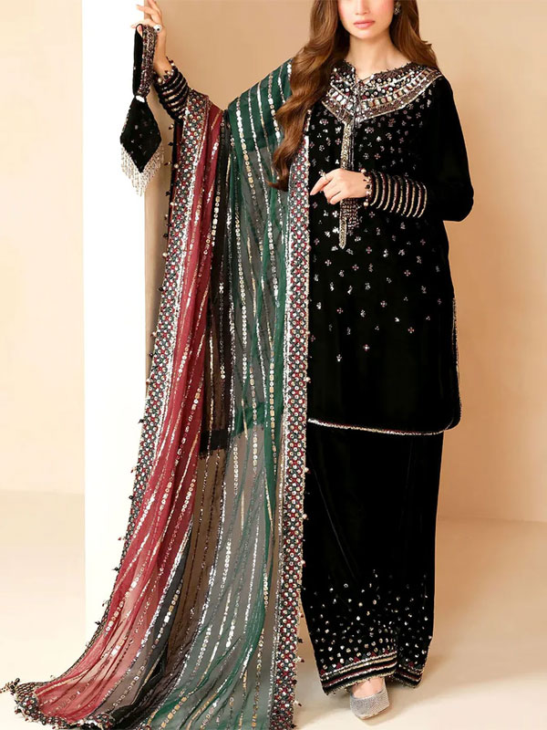 Velvet Heavy Embroidered Dress with Embrodery Silk Trouser Chiffon Embrodery Dupatta (Unstitched) (CHI-1054)