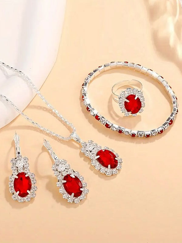 Fashion Red Oval Necklace Set with Ring, Earrings & Bracelet (ZV:30562)