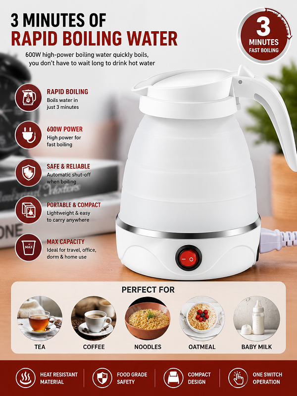 Folding Electric Kettle 600ml | Compact Travel Silicone Kettle Pakistan