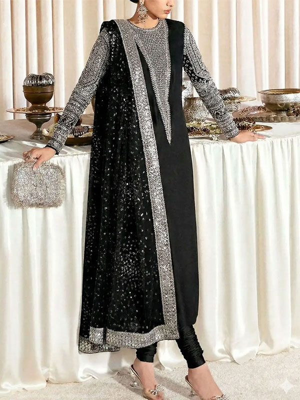 Raw Silk Long Neckline & Sleeves Hand Work Wedding Dress (Unstitched) (CHI-1067)