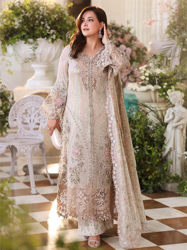 Maria B Chiffon Hand Work Embroidered Wedding Dress With Silk Embroidered Dupatta (Unstitched) (CHI-1130)