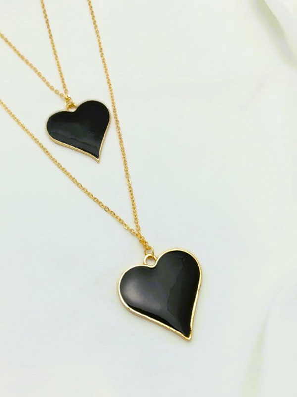 Gold Double Layered Black Heart Chain Locket For Girls (ZV:29391)