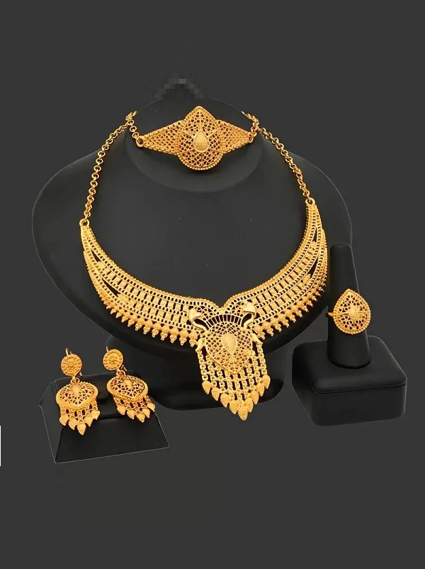 Gold Plated Wedding Necklace Set With Earrings, Ring, and Bracelet (ZV:33384)