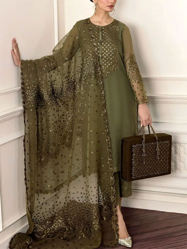 Graceful Heavy Embroidered Handwork Olive Green Mehndi Wedding Dress With Embroidered Organza Dupatta (Unstitched) (CHI-1099)