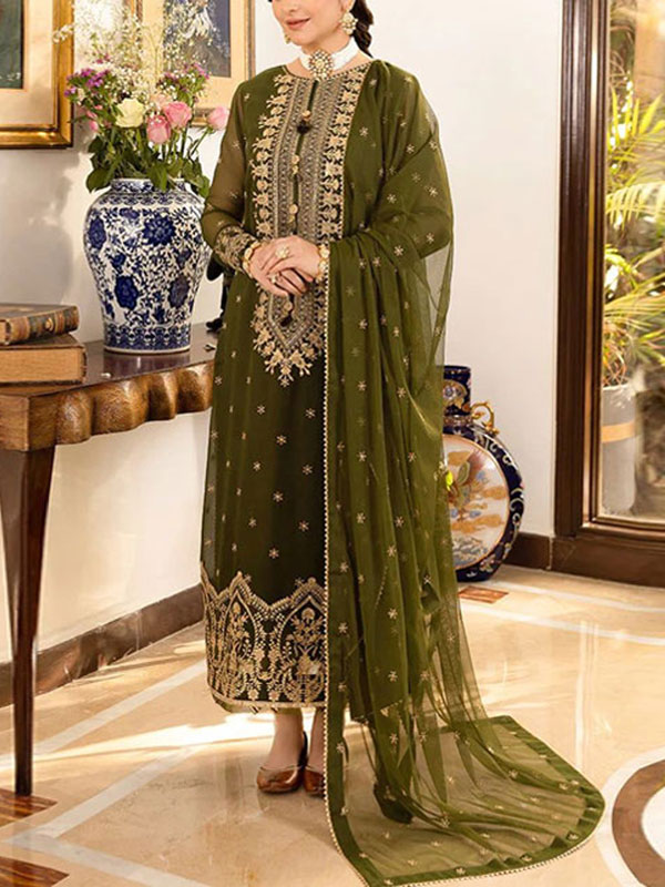Chiffon Heavy Embroidered Dress With Chiffon 4 Sided Lace Border Dupatta 3 Pec Suite (UnStitched) (CHI-898)