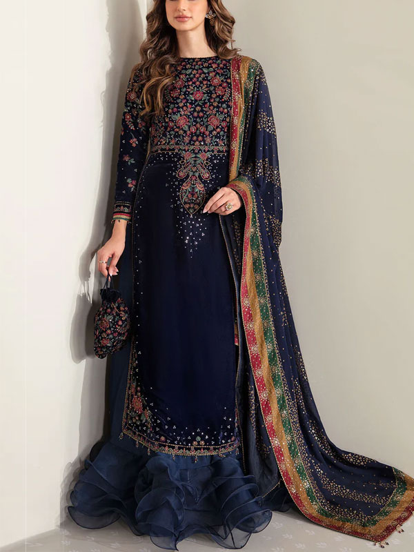 Heavy Embroidered Velvet Dress With Chiffon Embroidered Dupatta (Unstitched) (CHI-956)