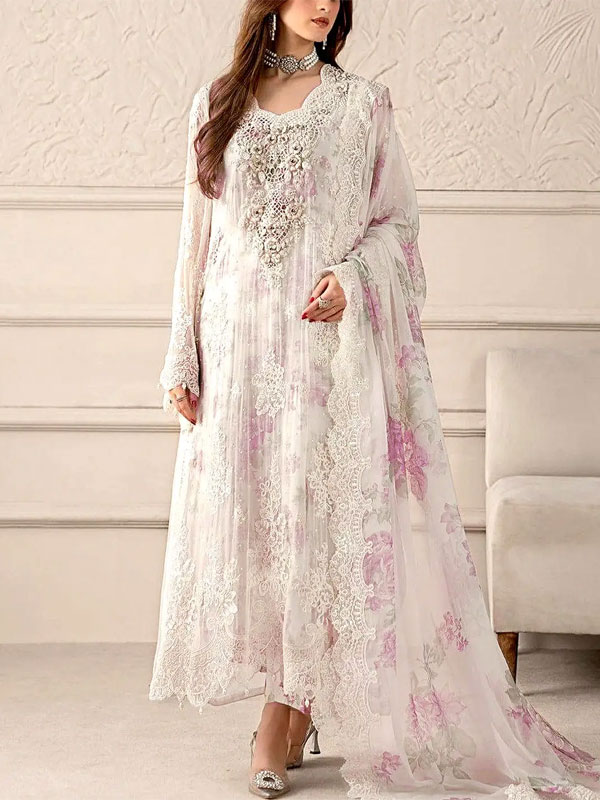 Heavy Embroidered White Chiffon Wedding Wear Dress With Organza Embroidered Dupatta (Unstitched) (CHI-1098)