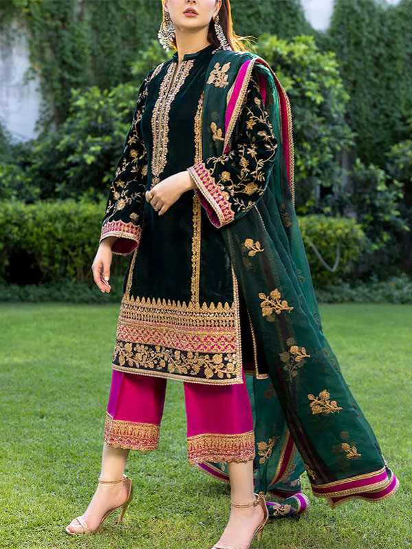 High Fashion Embroidered Bottle Green Velvet Dress with Embroidered Organza Dupatta (Unstitched) (CHI-1058)