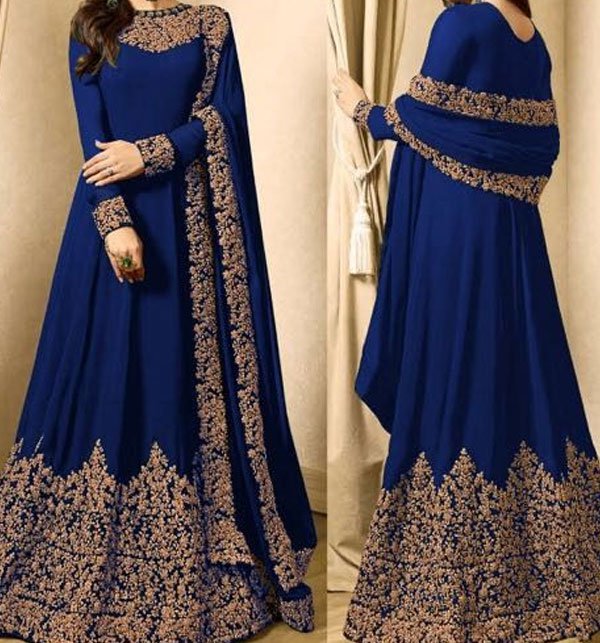 Indian Embroidered Navy Blue Chiffon Maxi Unstitched (CHI-168)