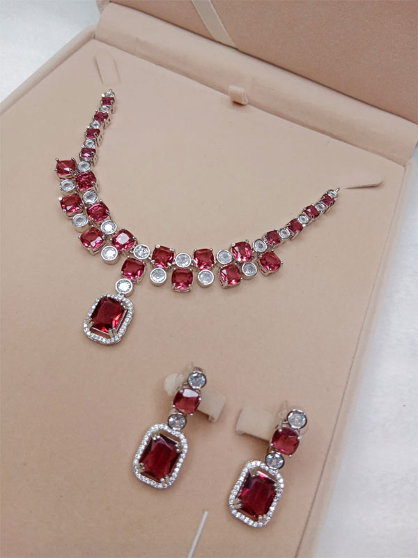 AD American Diamond Maroon Diamond Necklace Set With Earrings