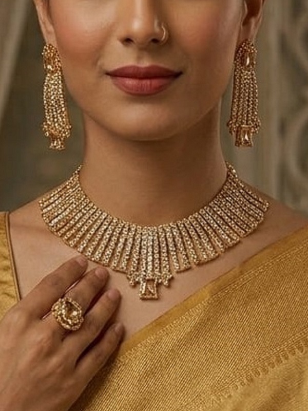 Indian Zircon Golden Necklace Set with Earrings and Bindia (ZV:30335)