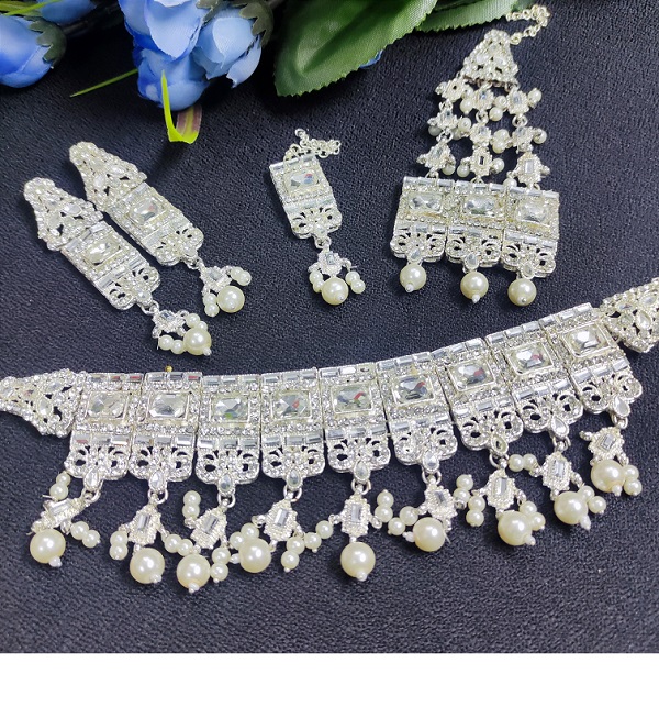 Silver Choker Set Mirror Work Earring Jhumer Matha Patti (ZV:2852)