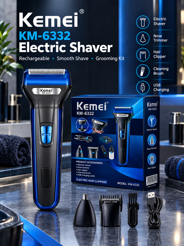 Kemei KM-6332 3-in-1 Professional Grooming Kit – Rechargeable Beard, Hair & Nose Trimmer